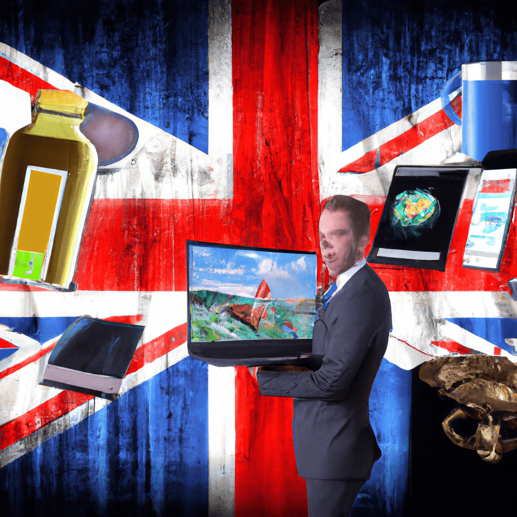 A business owner holding a laptop with a UK flag on the screen, surrounded by various products representing different industries.
