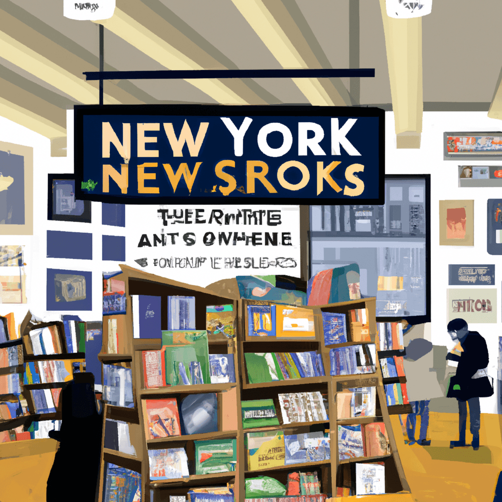 A bustling New York bookstore with ads.