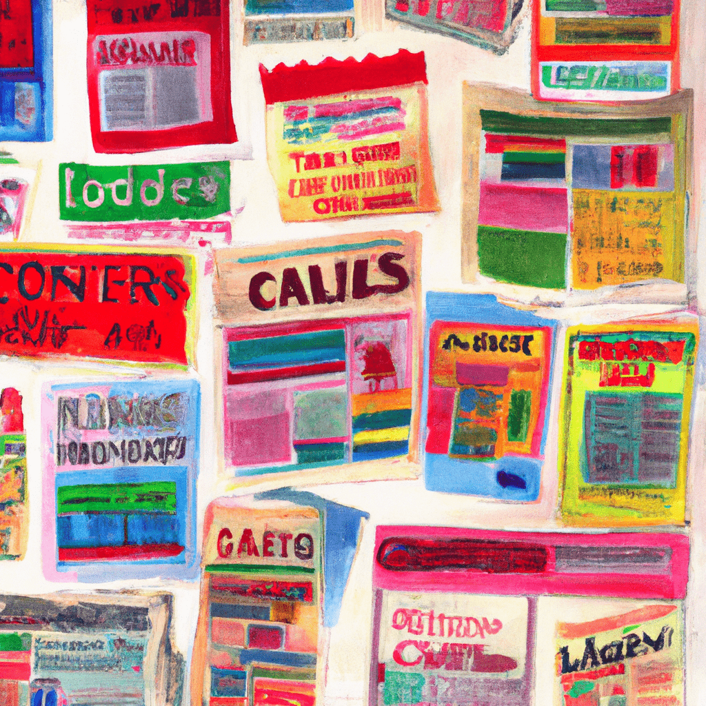 A collage of colorful classified ad posters.
