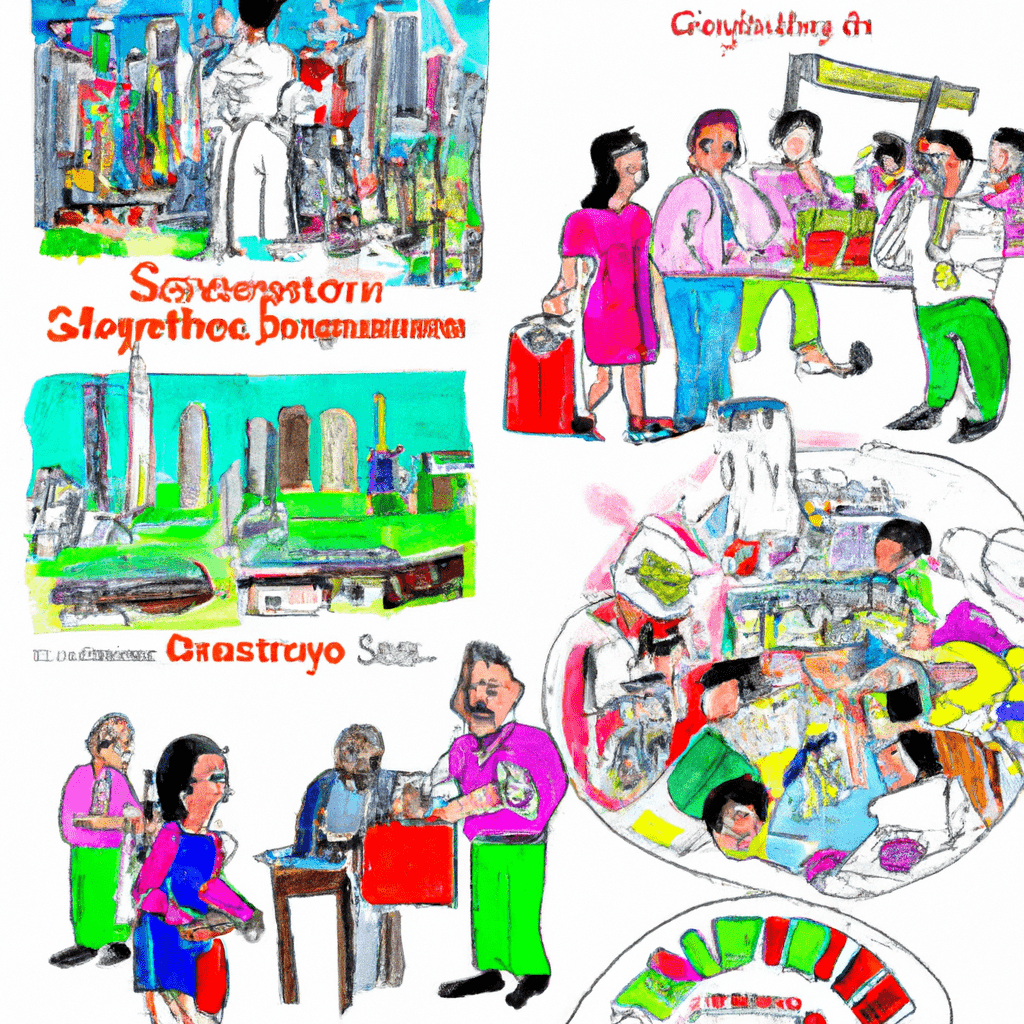 A collage of diverse people engaging in various buying, selling, and employment activities in Singapore.