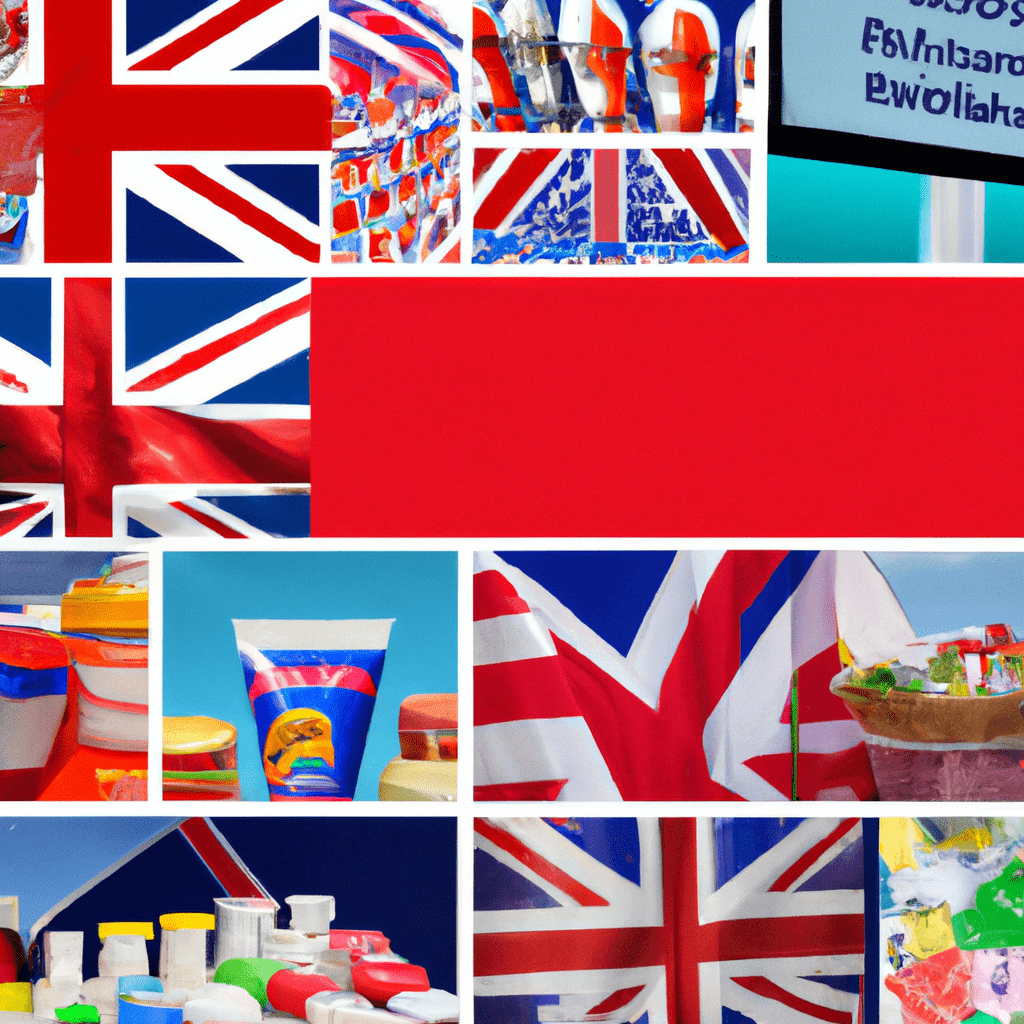 A collage of UK flags with various products and services being advertised on them.