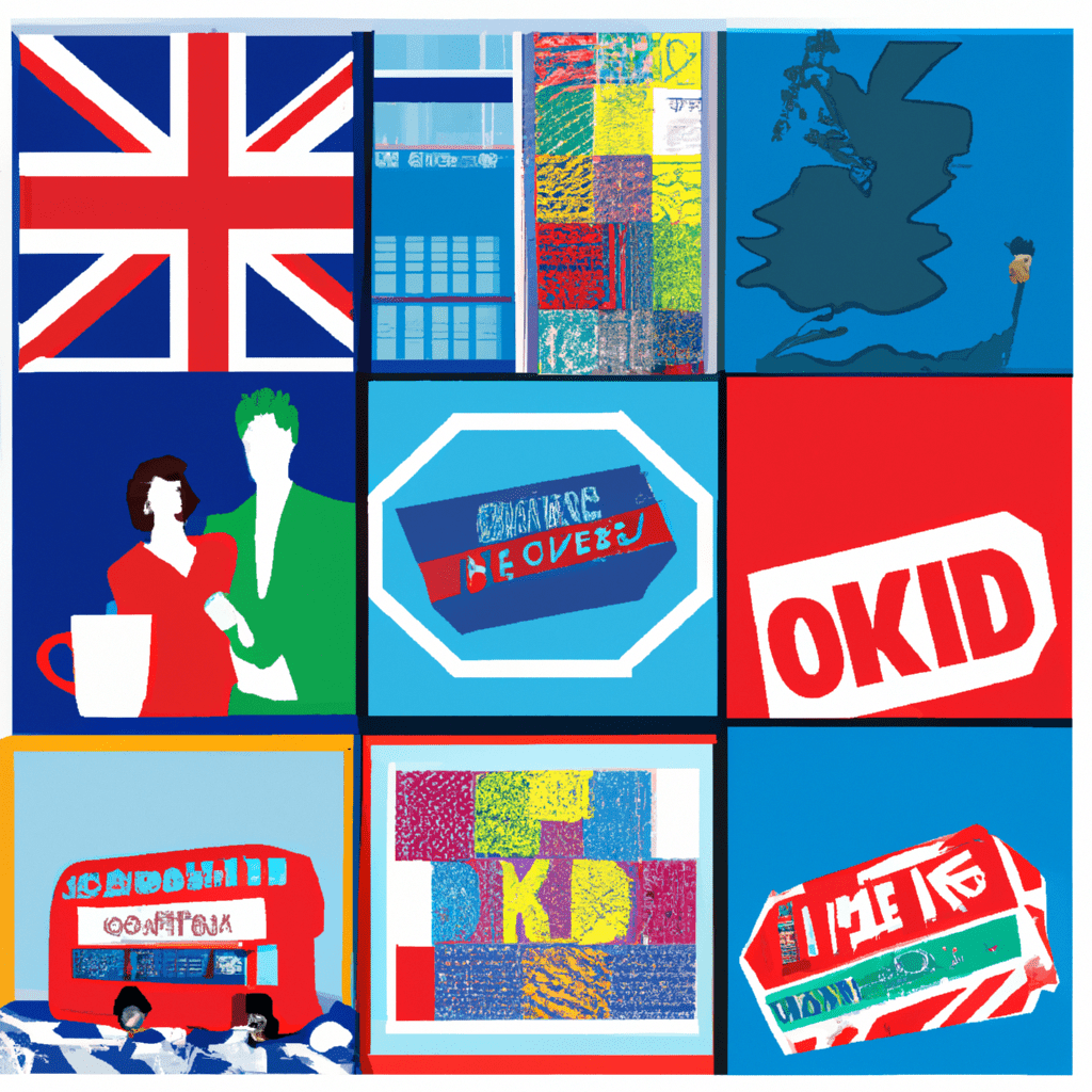 A collage of various UK-themed advertisements.