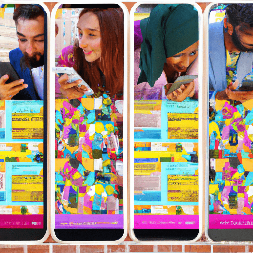A colorful collage of diverse people browsing through classified ads on their smartphones.
