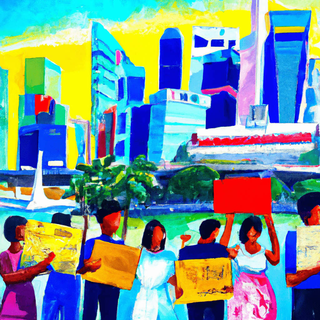 A colorful collage of diverse people holding classified ads with Singapore landmarks in the background.
