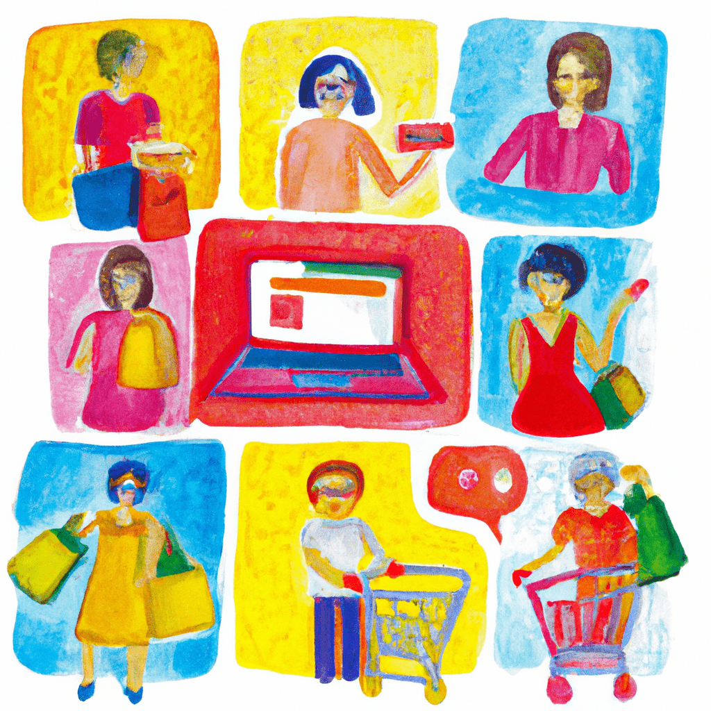 A colorful collage of people buying and selling items online.