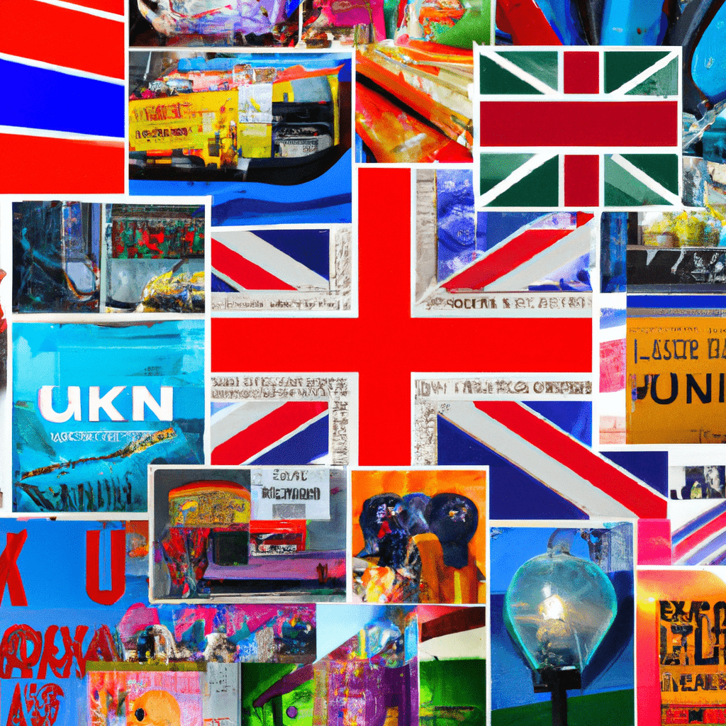 A colorful collage of UK advertisements.