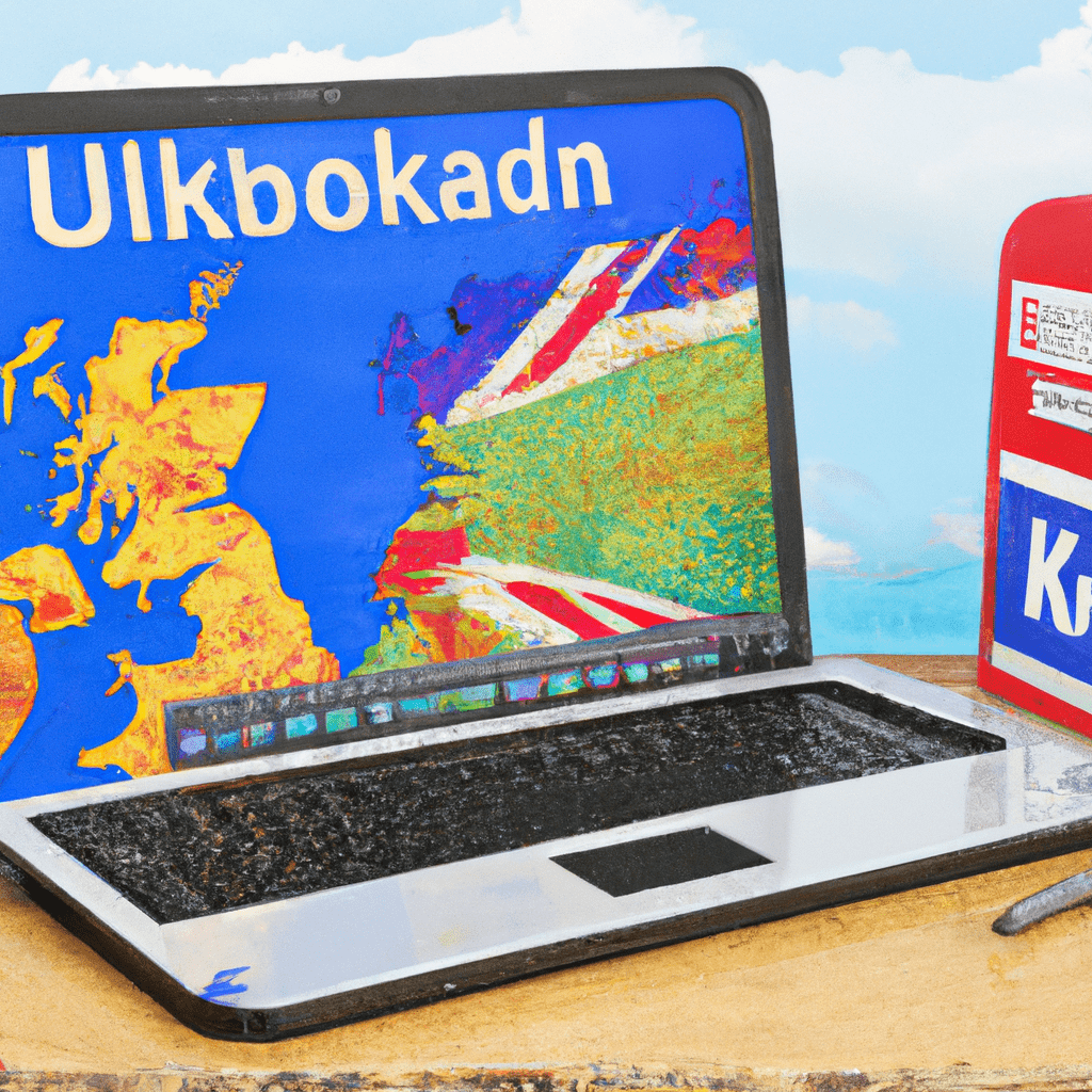 A laptop displaying a UK classified ad website with colorful ads and a map of the United Kingdom in the background.