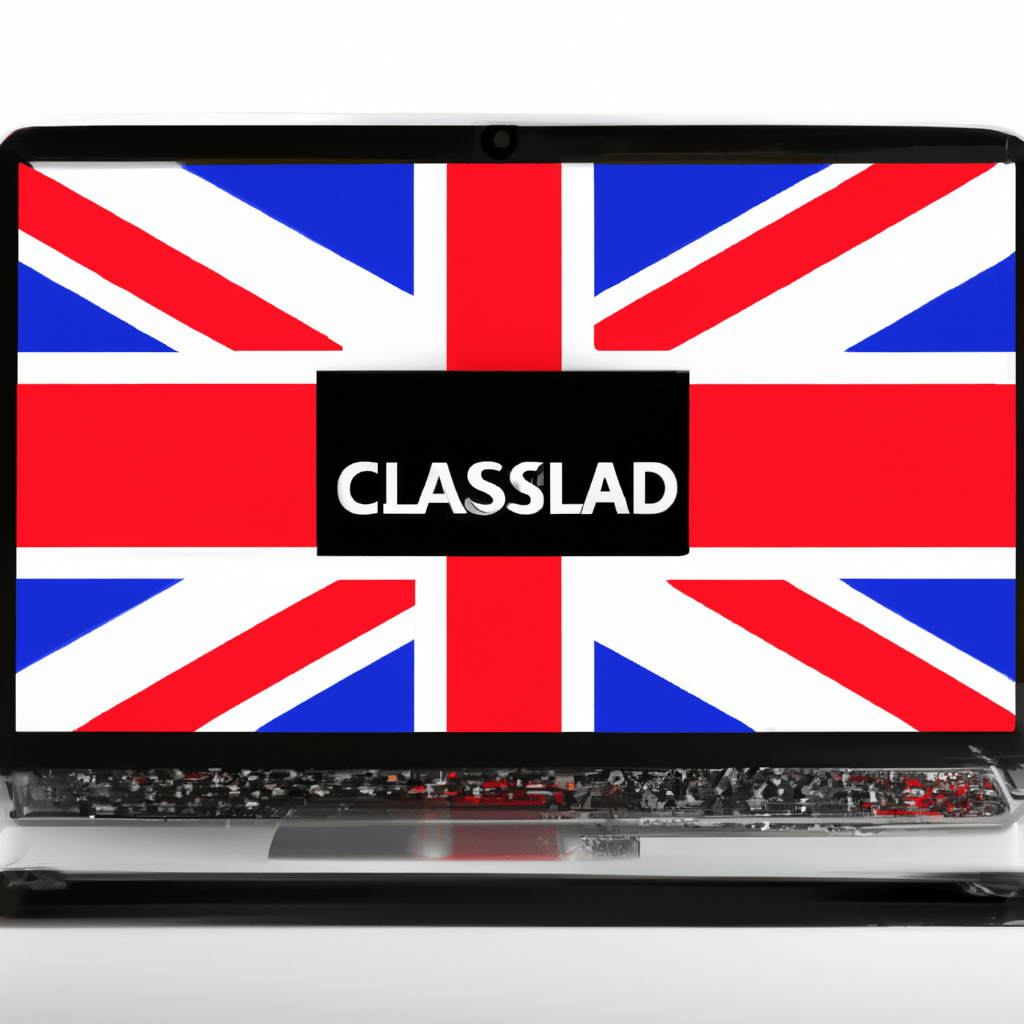 A laptop with a British flag on the screen displaying classified ads.