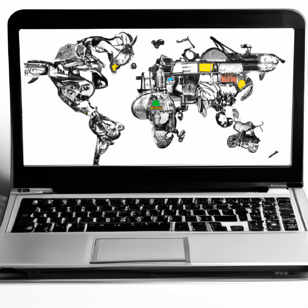 A laptop with a world map displayed on the screen surrounded by colorful classified ad icons.