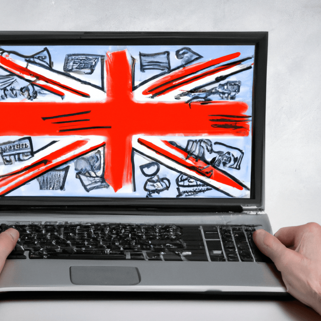 A person holding a laptop with a UK flag on the screen, surrounded by various classified ads.