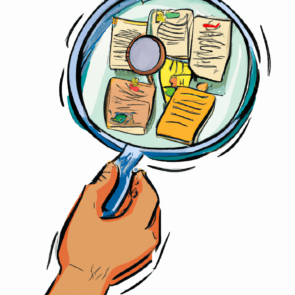 A person holding a magnifying glass, examining a classified ad with various products and services listed.