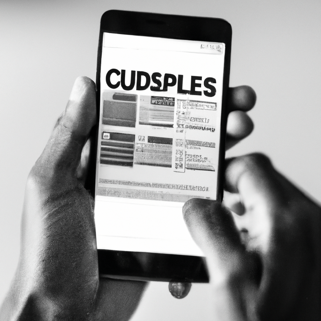 A person holding a smartphone scrolling through classified ads.