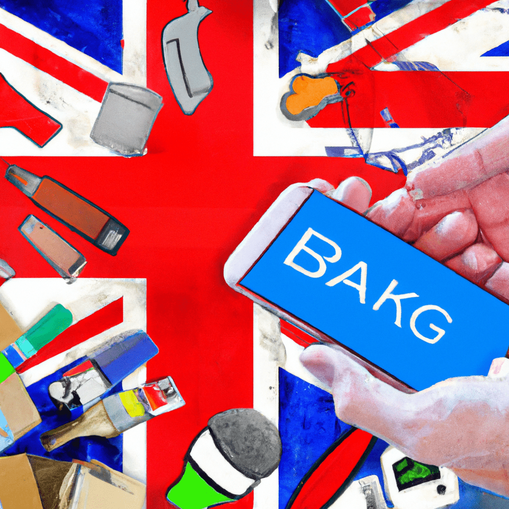 A person holding a smartphone with a UK flag background, surrounded by various items for sale and keywords related to free classifieds.
