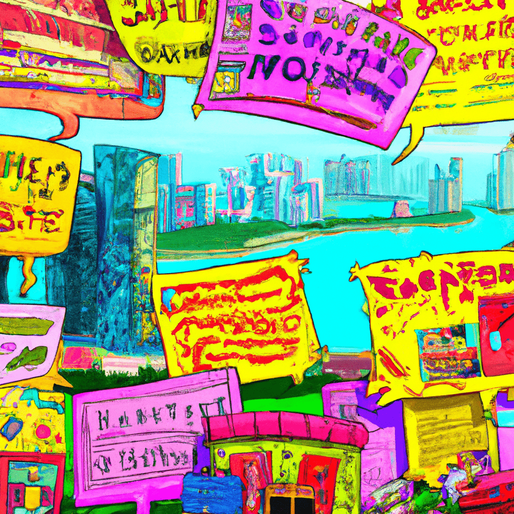 A vibrant collage of colorful classified ads with the Singapore skyline in the background.
