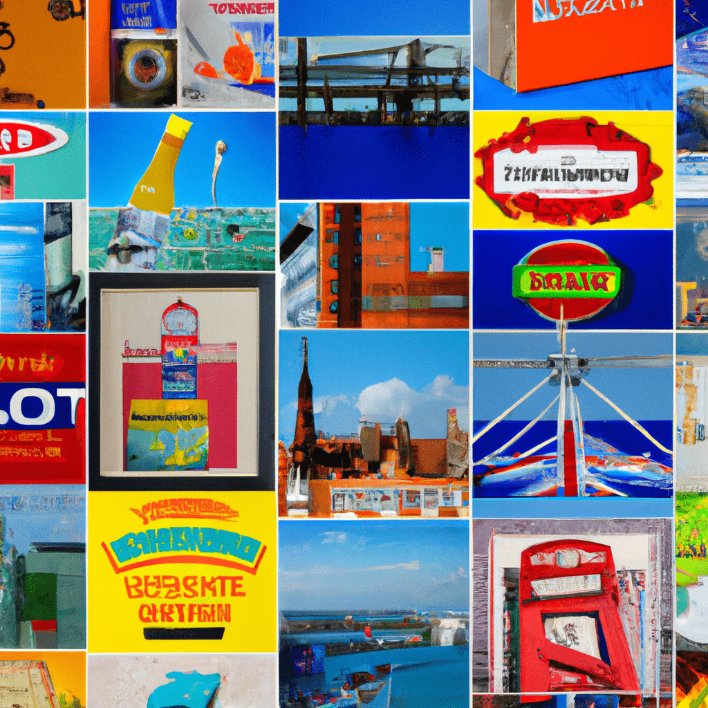 A vibrant collage of UK-based advertisements.