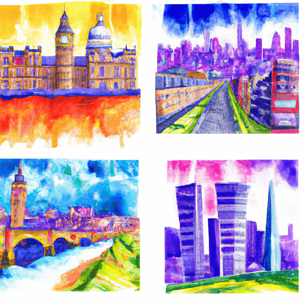 A vibrant collage of UK cityscapes.