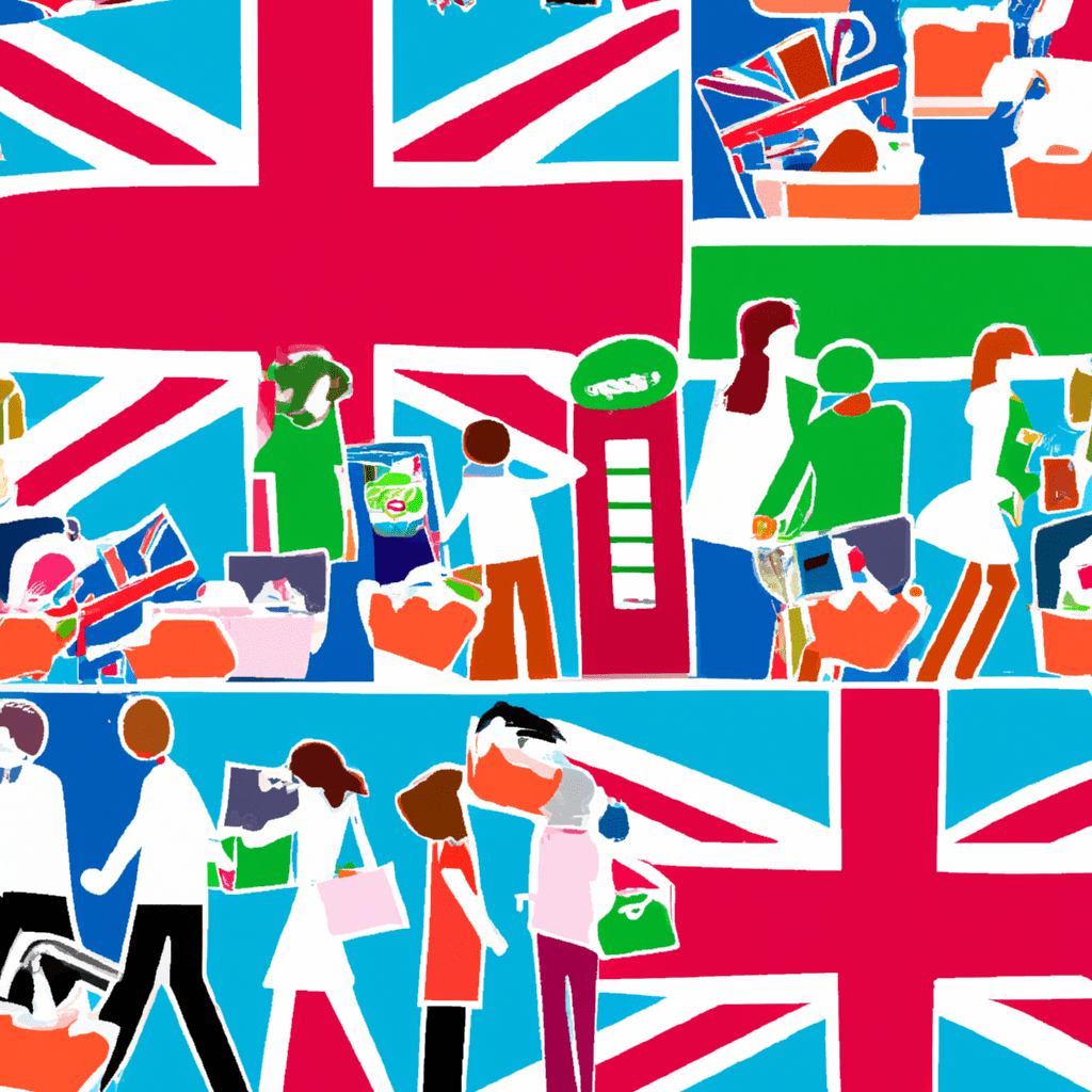 A vibrant collage of UK flags, diverse people, and various products being bought and sold.