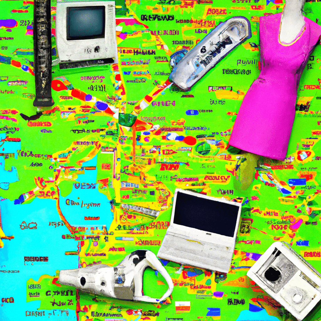 A vibrant collage of various items, including electronics, furniture, clothing, cars, and job listings, displayed on a UK map.