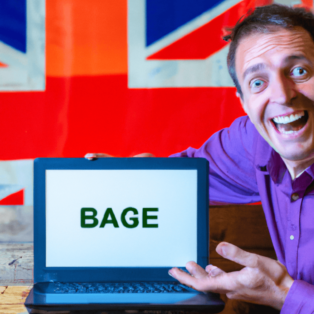 A vibrant image of a business owner happily posting a classified ad on a laptop with a UK flag in the background.