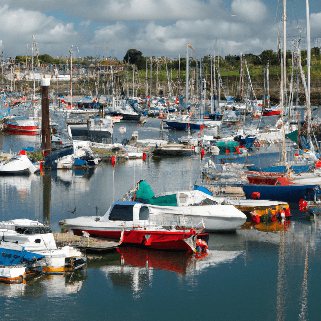 A vibrant image of a marina in Cornwall, filled with boats of all sizes and colors, showcasing the diverse boating community and opportunities for buying and selling.