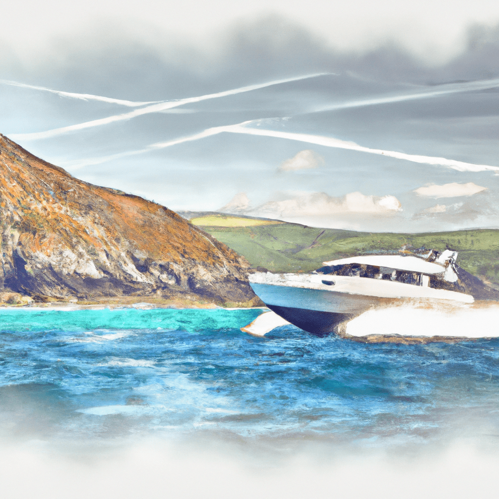 A vibrant image of a sleek motor yacht sailing along the stunning coastline of Cornwall.