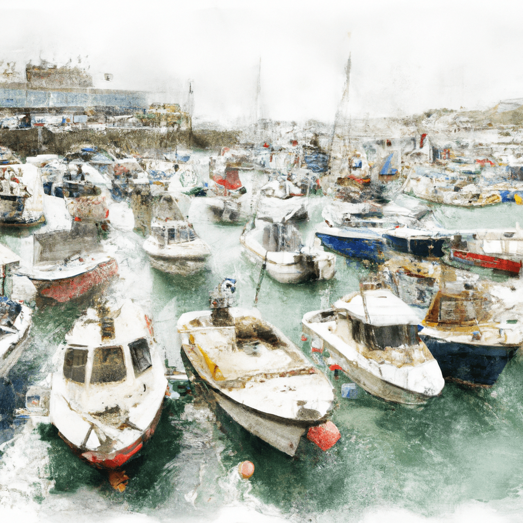 An image of a bustling harbor in Cornwall filled with boats of various sizes and types, showcasing the thriving boat market in the area.